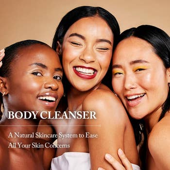 Three smiling models promoting a earthy  skincare enactment     titled 