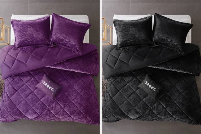 Dark purple velvet tufted comforter with matching pillows and moon throw pillow next to a nightstand, product in black with a white fitted sheet