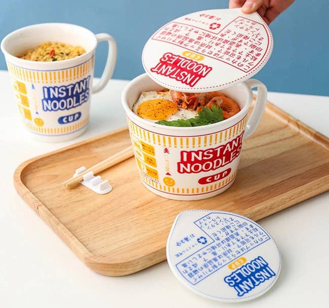 Ceramic bowl of noodles designed as instant noodle package