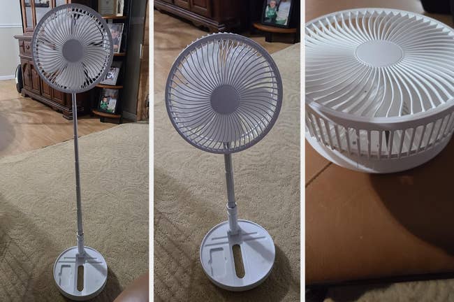 Reviewer image of white standing battery powered fan in two heights and stand folded away