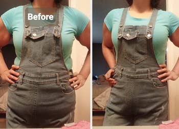 before and after of a review wearing the body shaper under a t-shirt and overalls, showing how it smooths and shapes their appearance