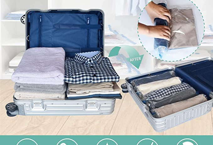 A suitcase overflowing with clothing and towels/The same items now stored compactly in the suitcase