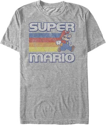 a heathered gray tee with a super mario logo on it