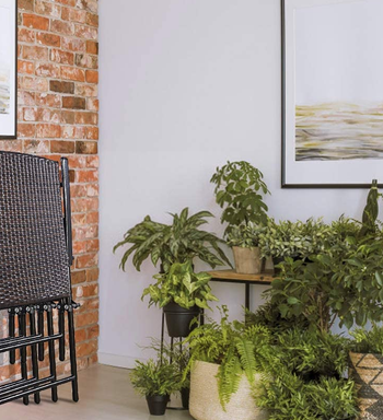 the set of four brown wicker chairs folded up against a wall