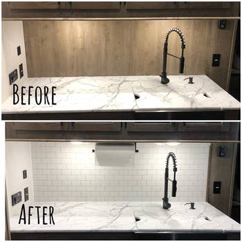 reviewer before and after of their backsplash without tiles, and then their backsplash with the peel-and-stick tiles