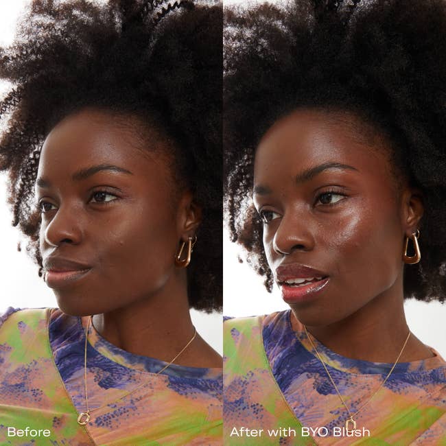 Before and after image of a model without and with a rosy toned blush on their cheeks 