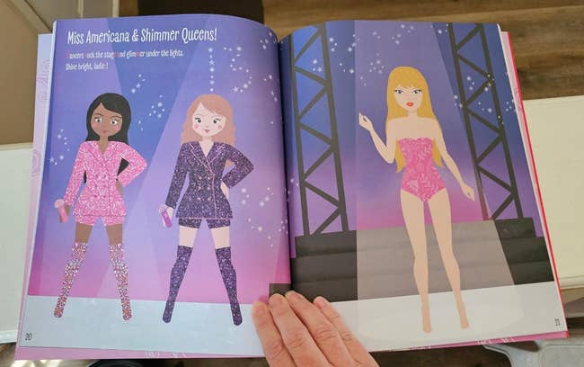 Illustrated characters successful  glittery outfits basal   connected  a signifier    with spotlights. The country   suggests a glamorous performance