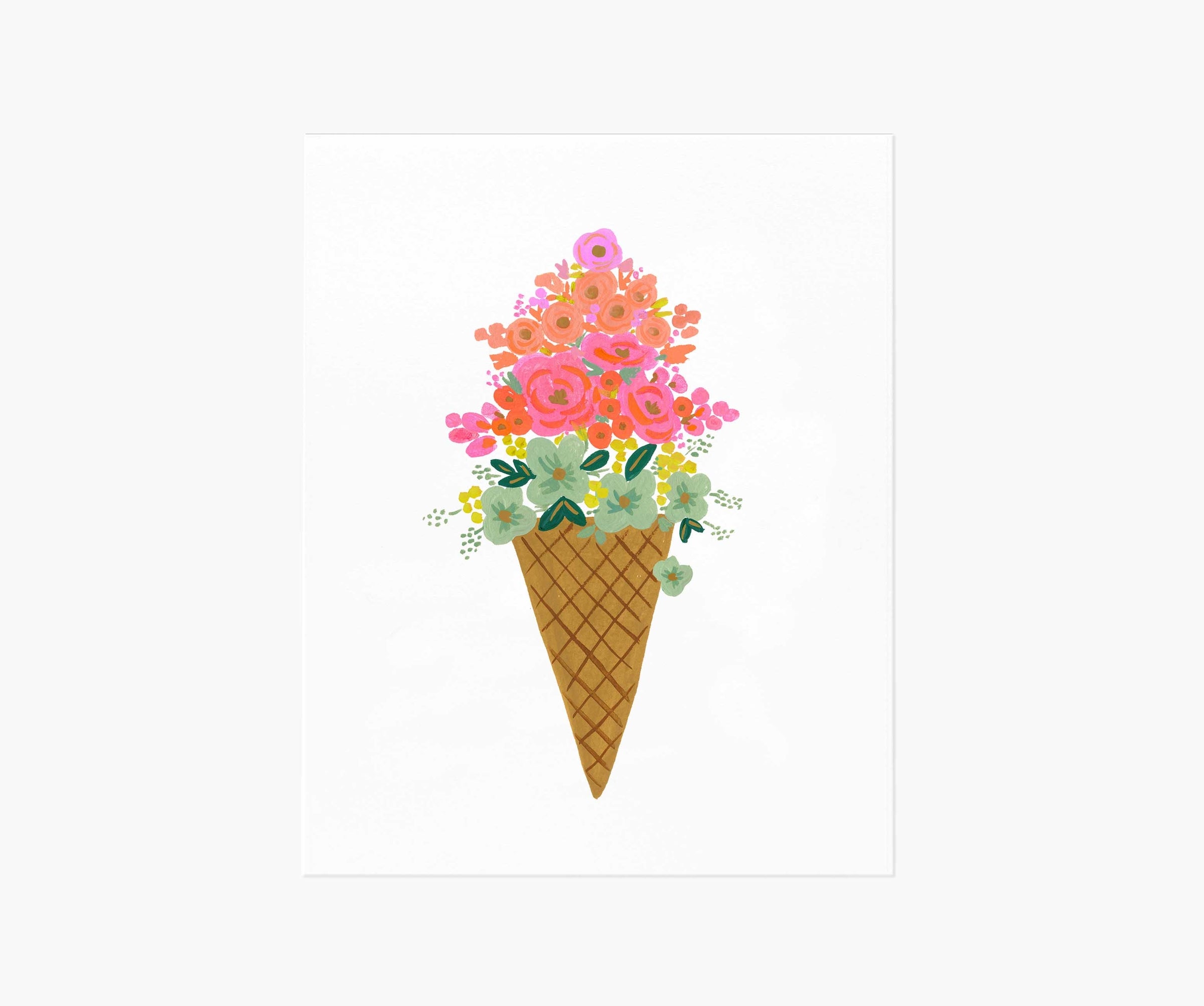 Illustration of a bouquet shaped like an ice cream cone with various flowers