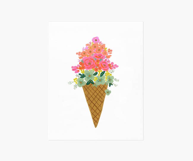 Illustration of a bouquet shaped like an ice cream cone with various flowers