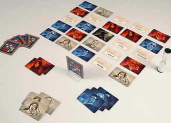 the codenames playing cards set out in a grid 
