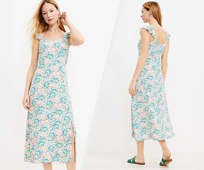 Two images of model wearing floral midi dress