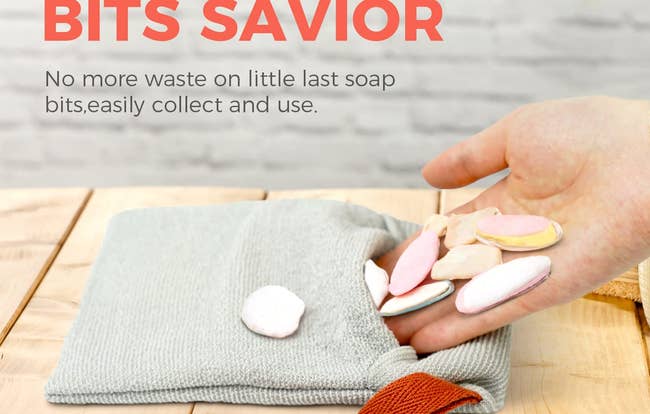 a model sticking a bunch of little soap scraps into the gray pouch 