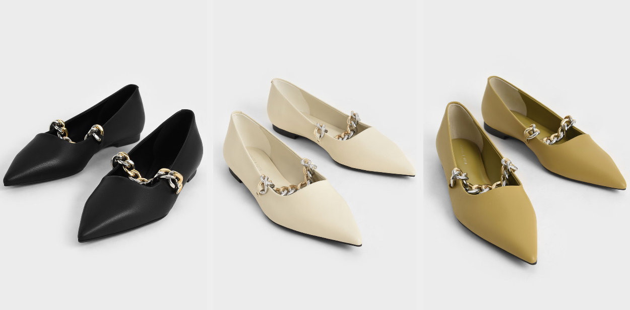 Three images of black, ivory, and olive shoes
