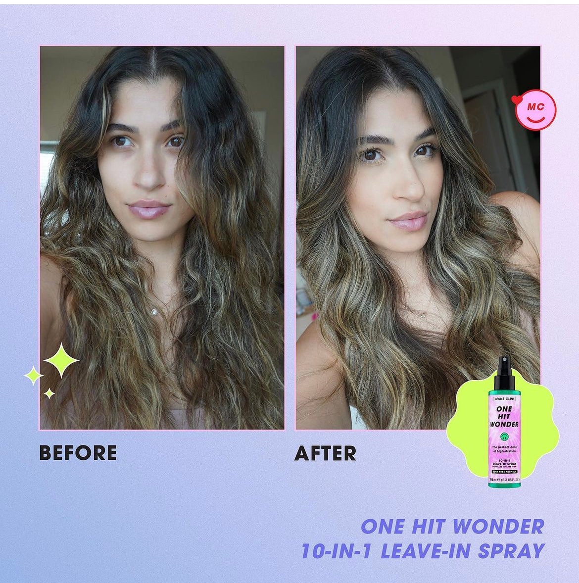 before and after images of a model with frizzy hair that becomes frizz-free and shiny
