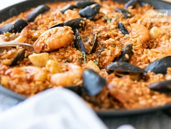 a pan of seafood paella