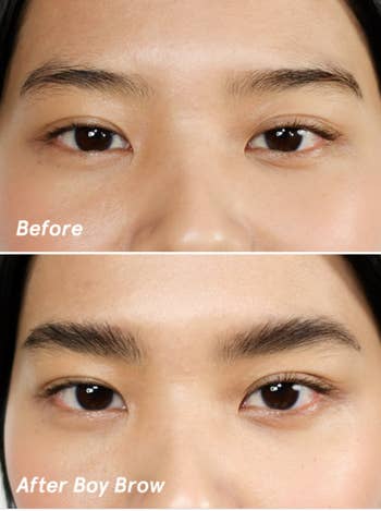 model before using the product, with their brows a bit messy, and after, with their brows filled in and fluffy