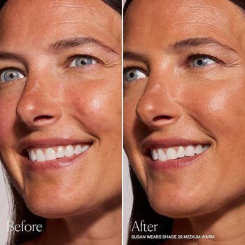 Side-by-side examination  of a woman's look   with and without makeup; 