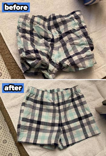 before/after of super wrinkled shorts that look smooth after being ironed