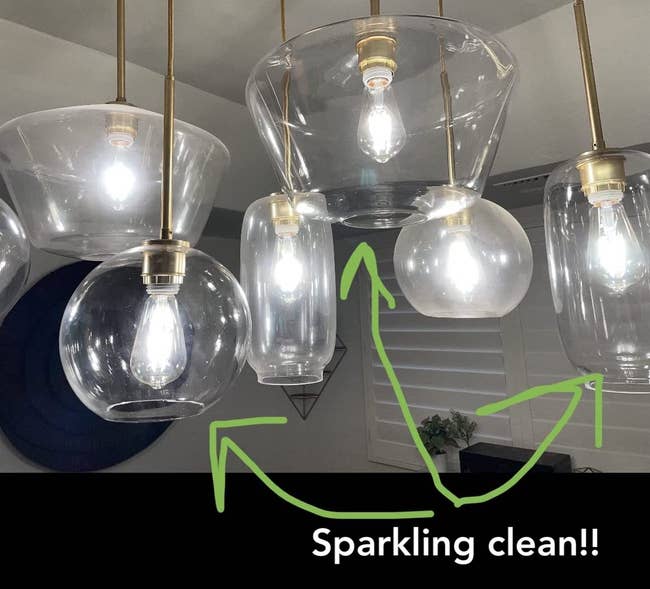 Reviewer image showing three dirty ceiling lights and three clean ones with text 