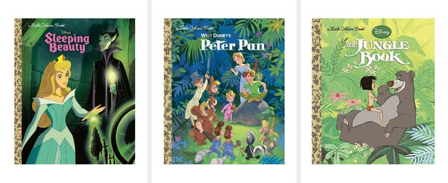 the little golden books of sleeping beauty, peter pan, and the jungle book