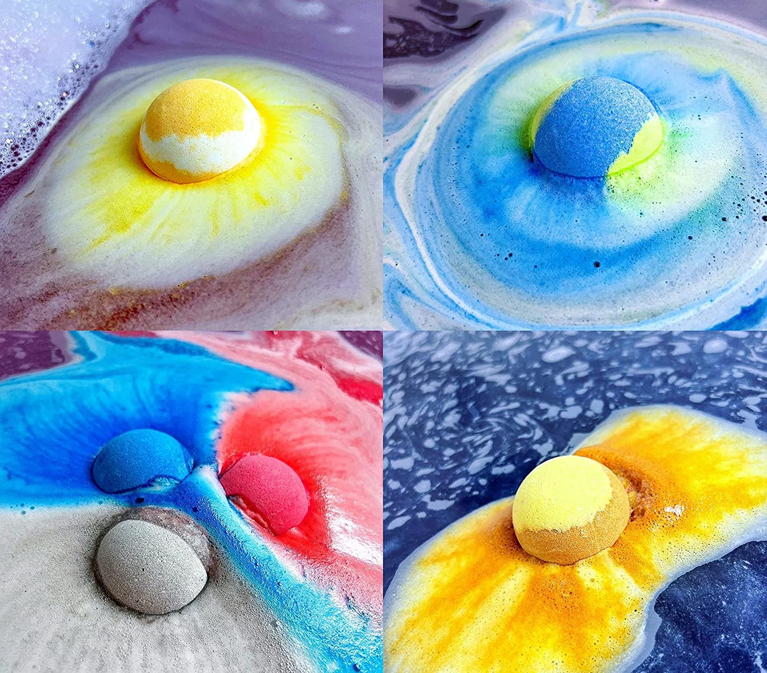 a grid of four images showing different brightly colored bath bombs dissolving in water