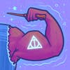 The sign of the Deathly Hallows on the flexing bicep of an arm holding a wand