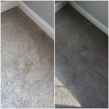 Reviewer before and after photo of their carpet with a stain and without one