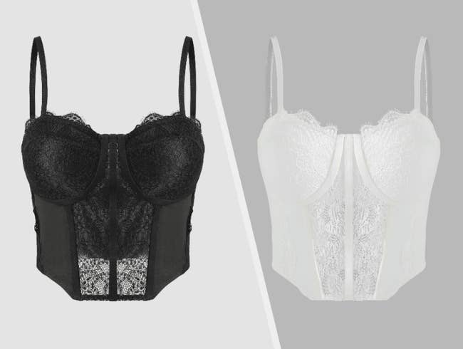 Two images of black and white lace corset tops
