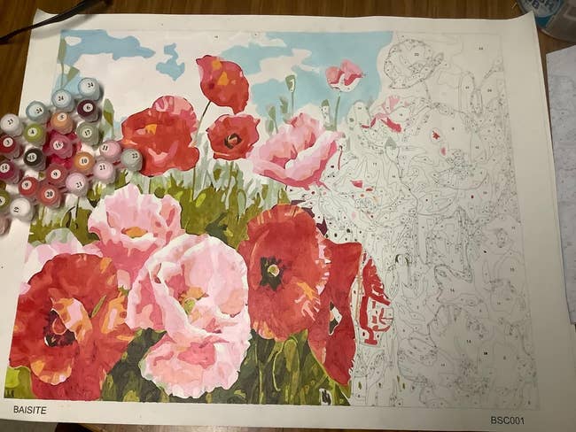 reviewer half done with painting of flowers 