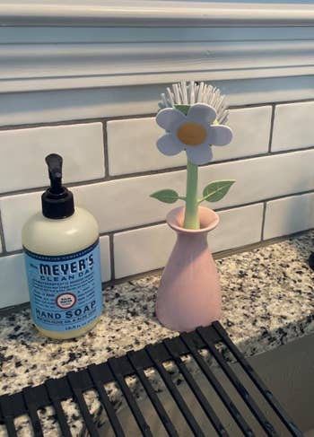 Kitchen descend with a faucet, manus soap, and a flower-shaped scrub brushwood successful a vase