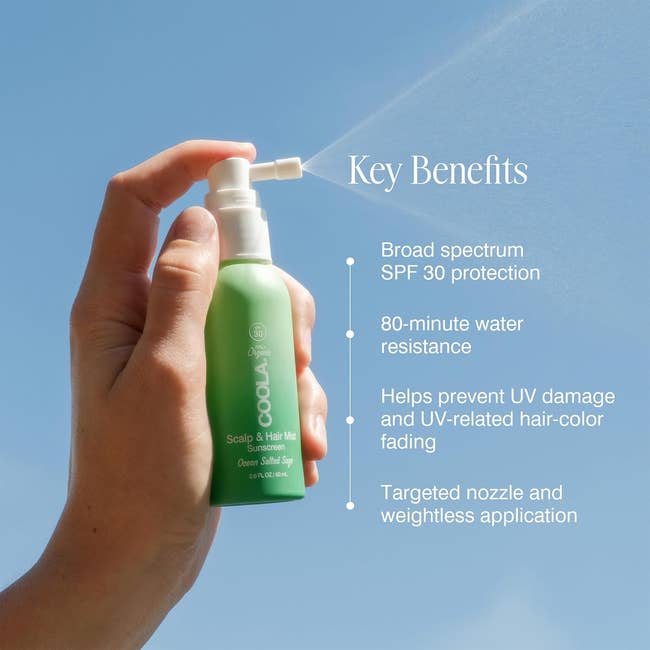 Hand holding Coola Scalp & Hair Mist, SPF 30 sunscreen spray; key benefits include UV protection, water resistance, and targeted nozzle application