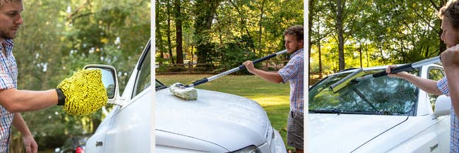 Three images of model cleaning car with pole and cloths