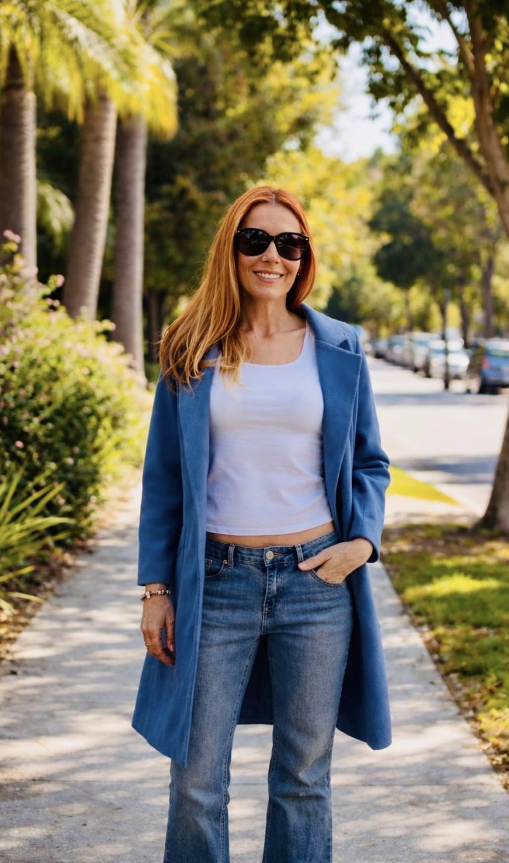Person wearing a stylish bluish  coat, achromatic  top, and jeans, lasting  connected  a tree-lined street, perchance  for a shopping-themed article