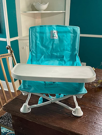 reviewer photo of the teal booster seat on a table