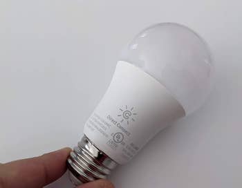 a reviewer holding one of the smart light bulbs 