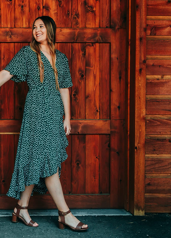 reviewer wearing the dress in green floral