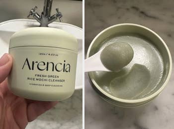A jar of Arencia Fresh Green Rice Mochi Cleanser is shown, unfastened  and closed, with a spoon inside, highlighting its creamy texture for skincare shopping