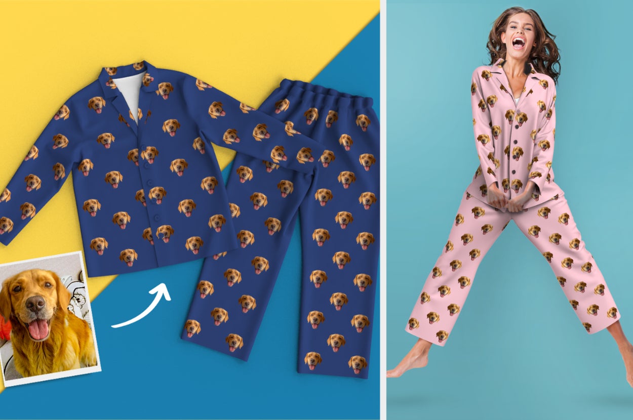 Blue pajama set with golden retriever's face, model wearing product in pink