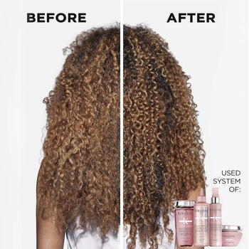 before and after of a model's dull and dry hair and then their glossy and defined curly hair from using Kérastase products