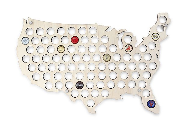 a beer cap map in the shape of the United States