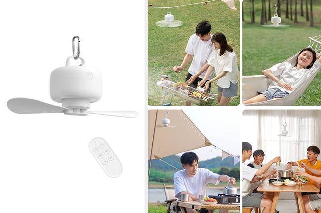 White mini fan with remote and clip on a white background, product hanging in a home, tent, and outside