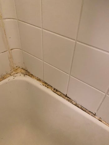 Corner of reviewer's tub with black mildew