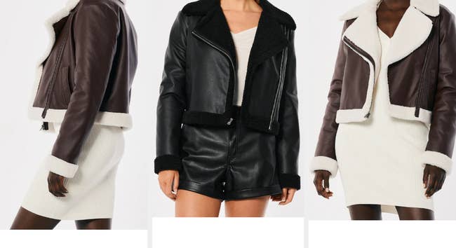 Three images of models wearing brown and black jackets