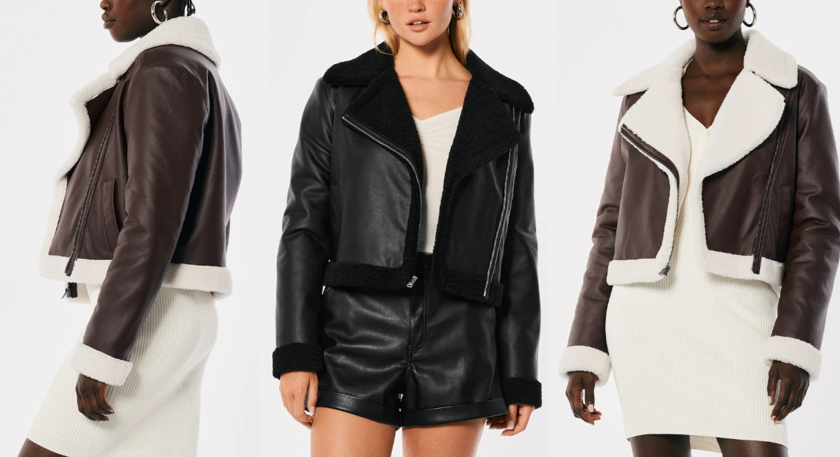 Three images of models wearing brown and black jackets