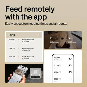 App interface showing favored feeding docket and logs, with 3 cups dispensed today. Allows customized feeding times and amounts