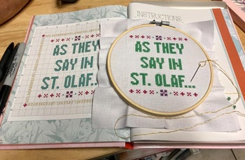 reviewer photo cross-stitching along with book