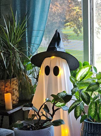 A shade  decoration with a witch chapeau  and glowing lights, surrounded by houseplants, is placed connected  a windowsill, creating a cozy, festive atmosphere