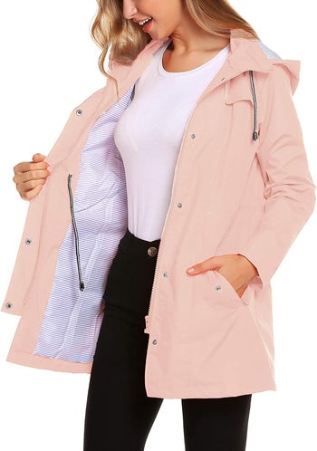 a model in a light pink raincoat