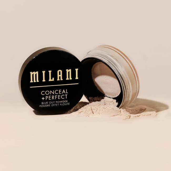 Milani Conceal + Perfect Blur Out Powder jar open, showing powder. Product for complexion smoothing