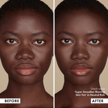 before and after of a model whose face looks noticeably smoother and more even after using the blurring skin tint